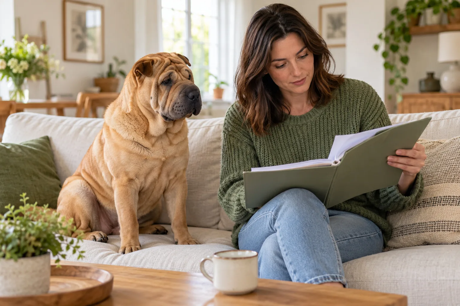 A fawn Shar-Pei-type dog sits beside an owner reading a folder at home